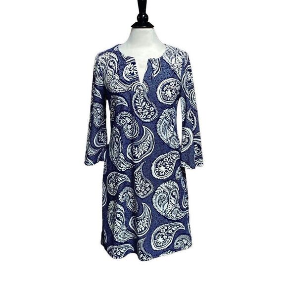 Aryeh Navy & Cream Paisley Quarter Sleeve Dress Size Large NWT - Picture 1 of 8